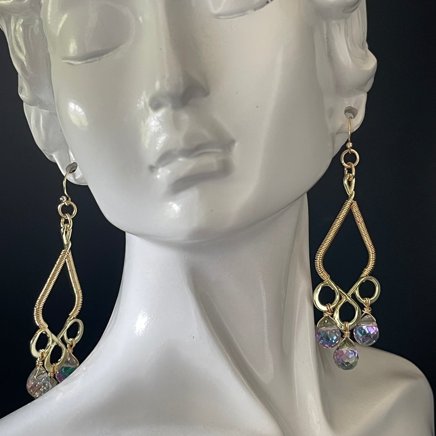 Gold colored Chandelier Earrings with Crystal Strawberry beads wire wrapped frame 14 ct Gold filled hooks