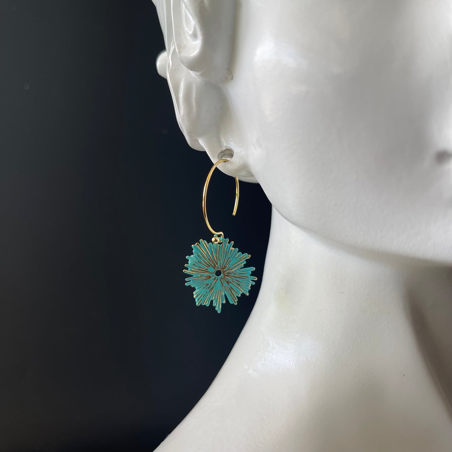 Dangle Earrings Gold Color with Teal Charm