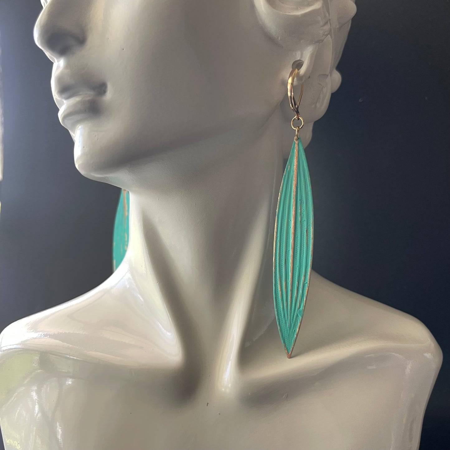 Leaf Shaped Earrings in Teal with Gold Color Plated Brass Clip