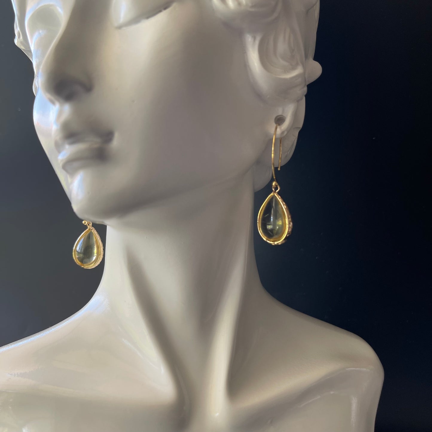Drop Earrings in Champange Gold Colored Brass with Grey Teardrop Shaped Charm