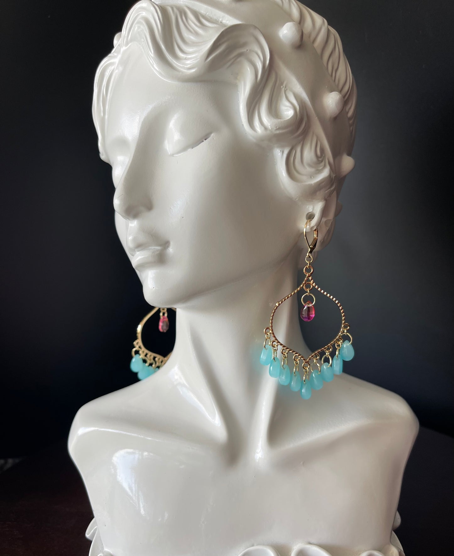 Chandelier Earrings in Gold Color with Teal Beads