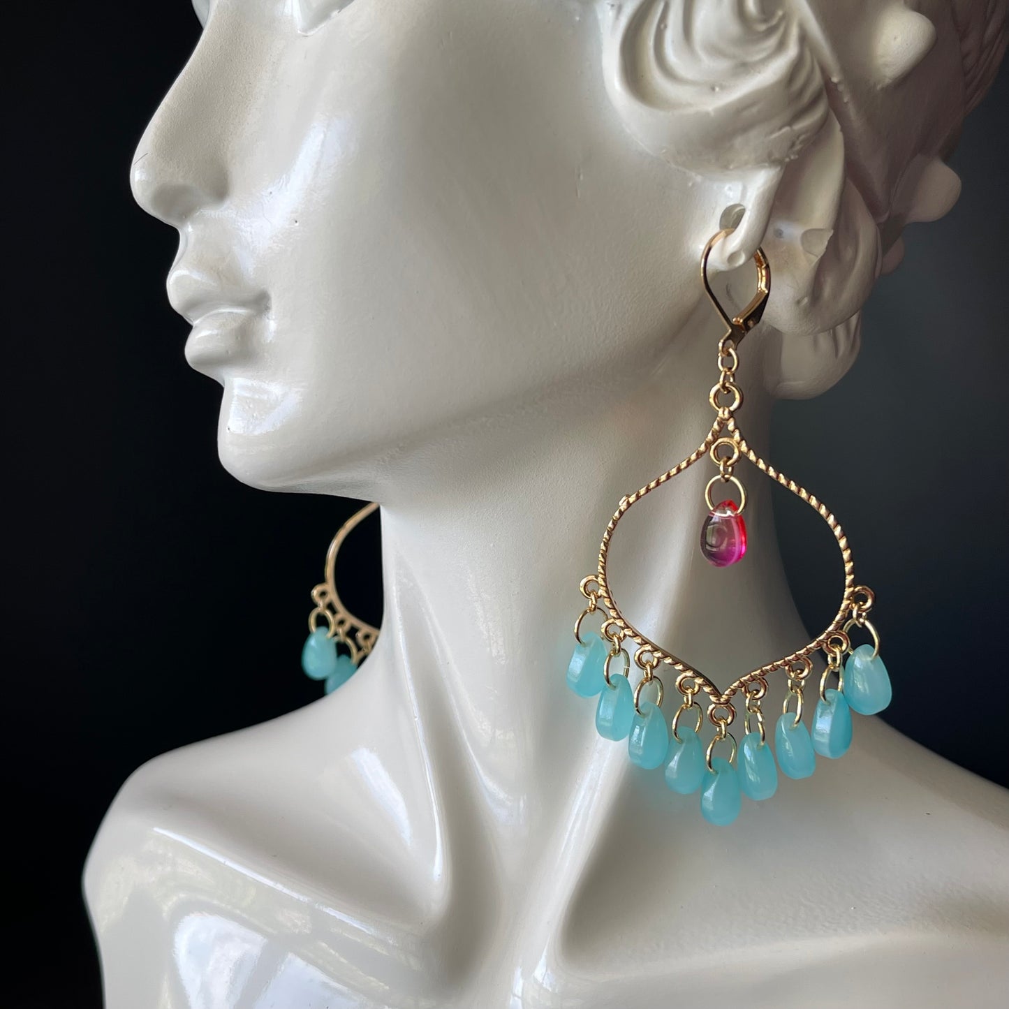 Chandelier Earrings in Gold Color with Teal Beads