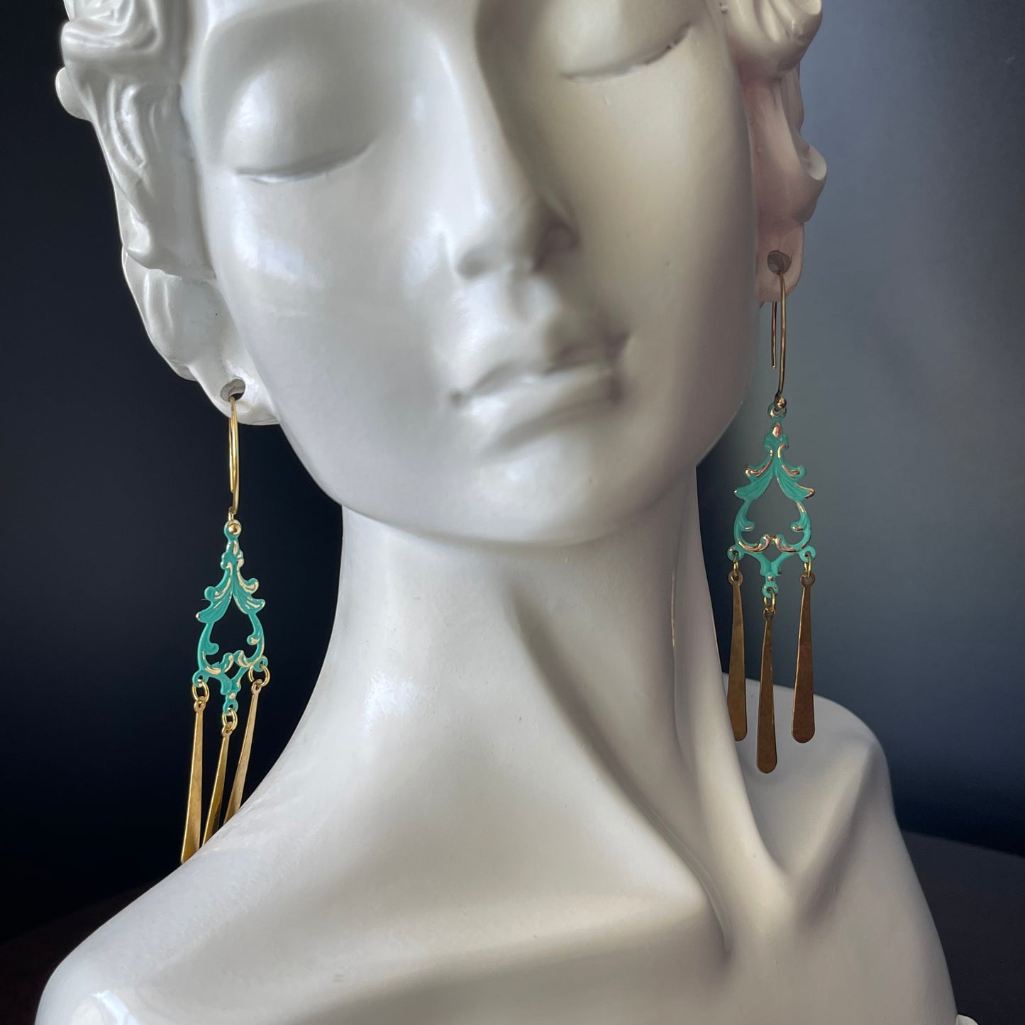 Chandelier Earrings in Gold and Teal Color