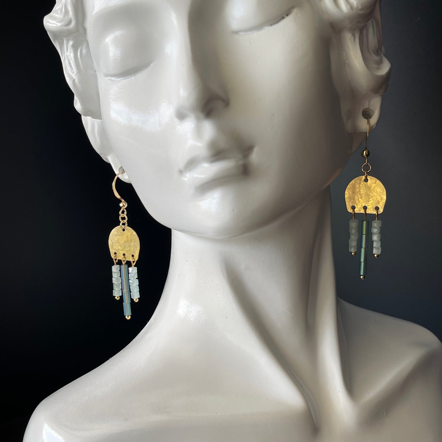 Dangle Earrings in Gold Color with Teal/Blue Glass Square Beads