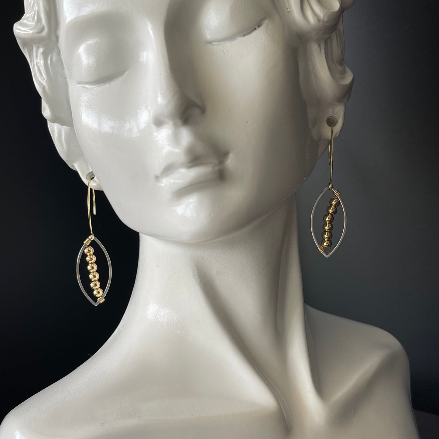 Dangle Leaf Shape Earrings in Platinum Color with Gold Color Beads