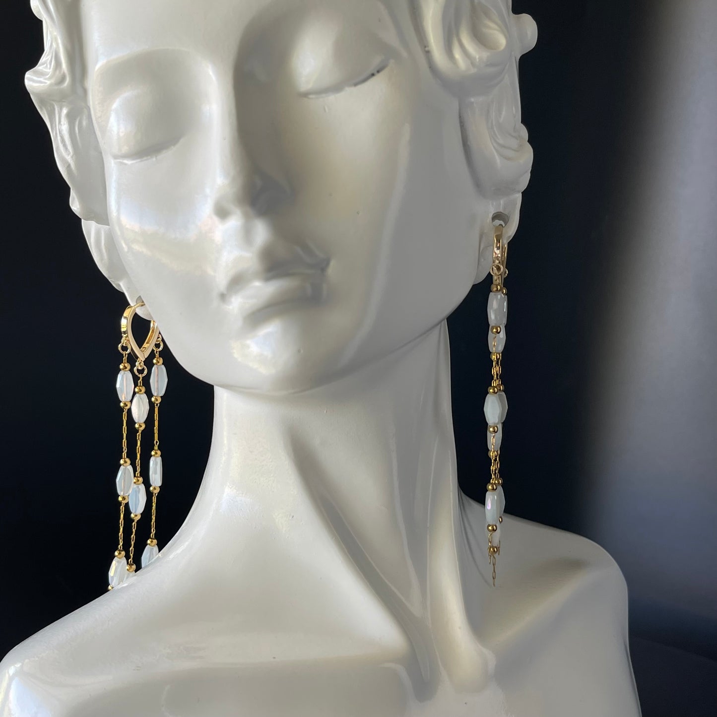 Gold Waterfall Earrings with White Crystal Beads – Timeless Statement Dangle Jewelry