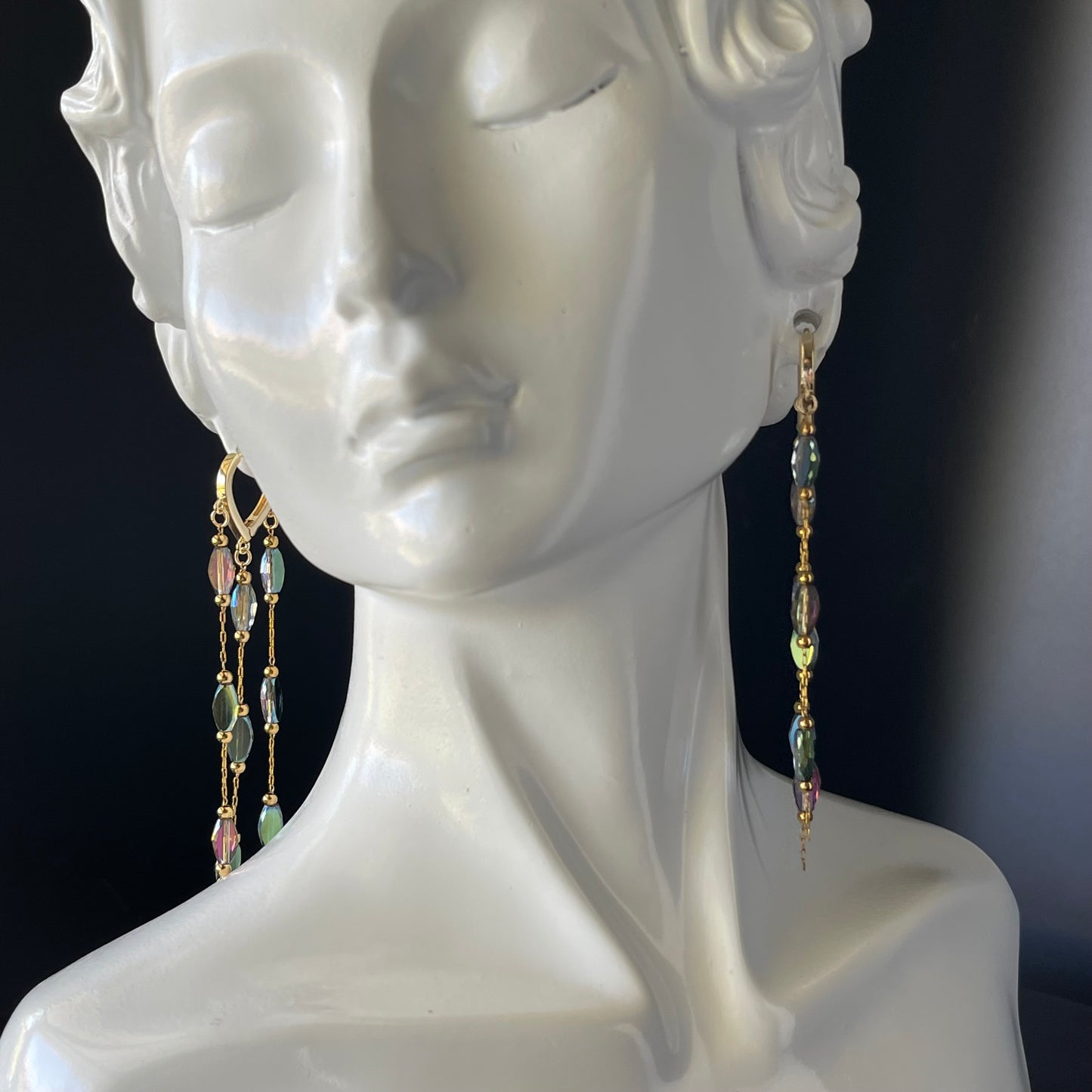 Gold-Tone Waterfall Drop Earrings with Deep Peacock Blue Beads – Elegant Evening Earrings