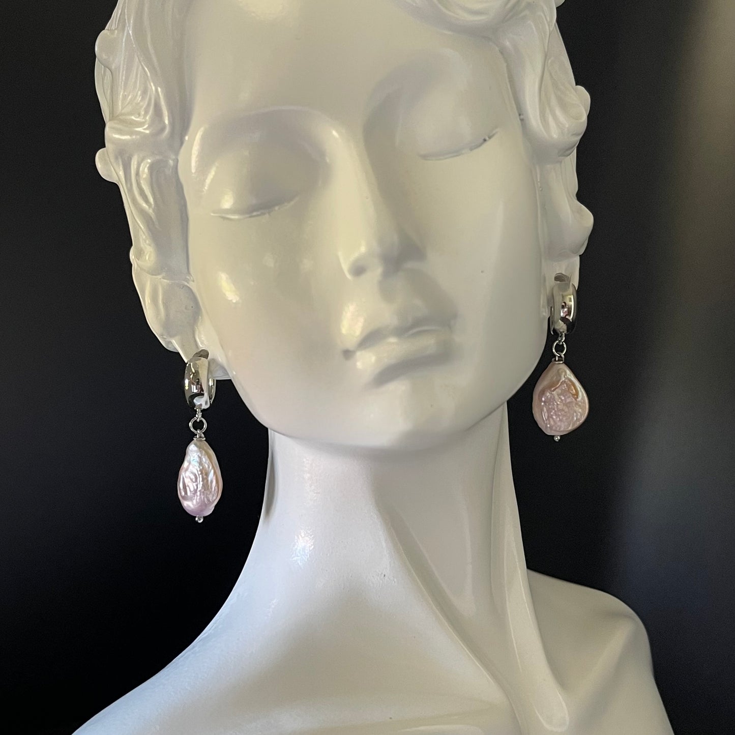 Teardrop Pink Pearl Earrings – Rhodium Finish with Clasps & Hooks