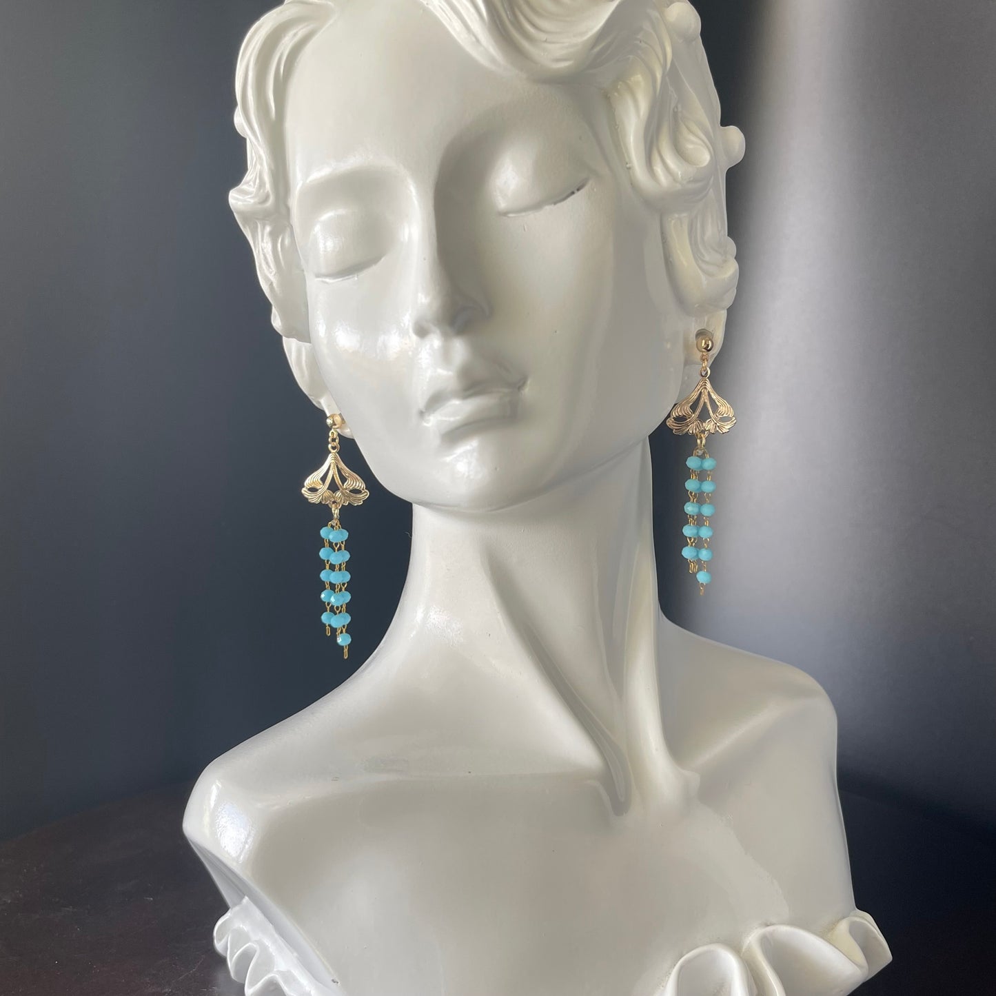 Gold Chandelier Earrings with 3mm Teal Beads – 14K Gold-Tone Frame & Ball Studs