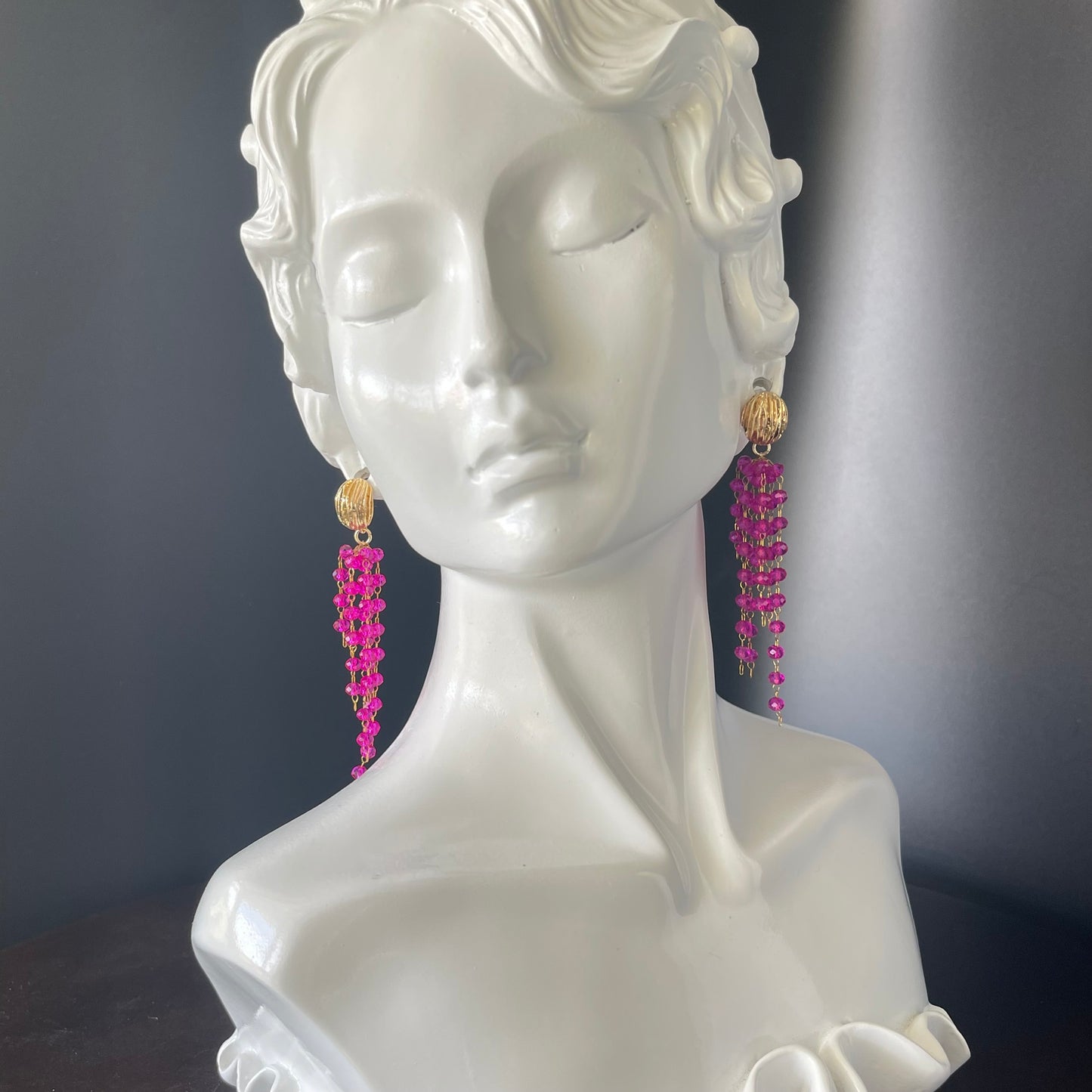 Gold Chandelier Earrings with 3mm Pink Beads – 14K Gold-Tone Ball Studs