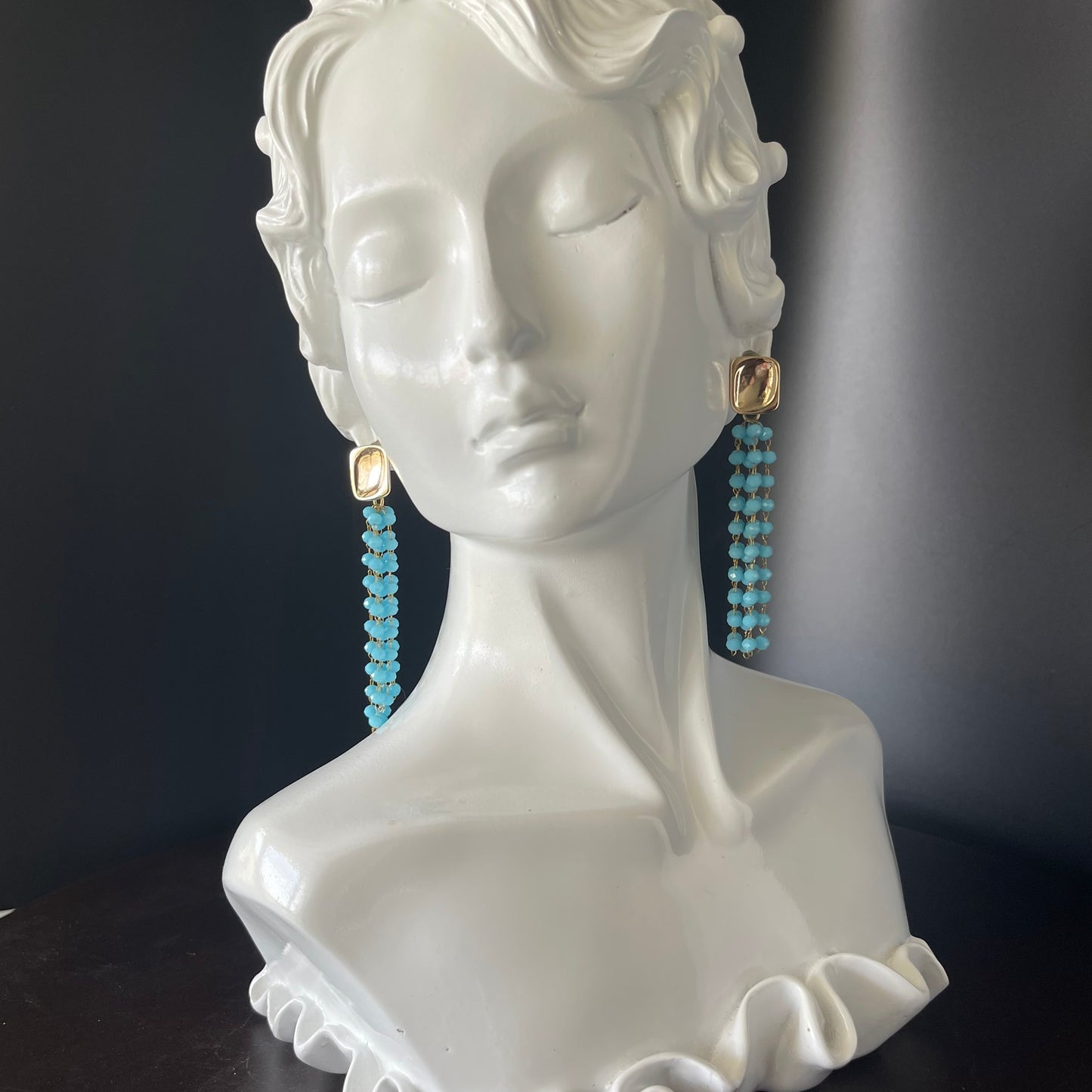 Gold Chandelier Earrings with 3mm Teal Beads – 14K Gold-Tone Frame & Ball Studs