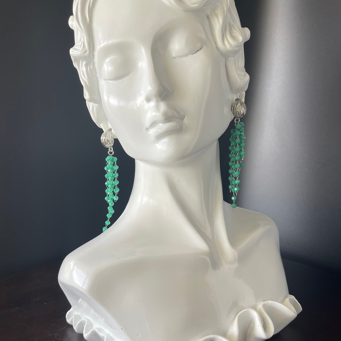 Silver Waterfall Earrings with 3mm Teal Beads – Silver/Platinum Ball Studs