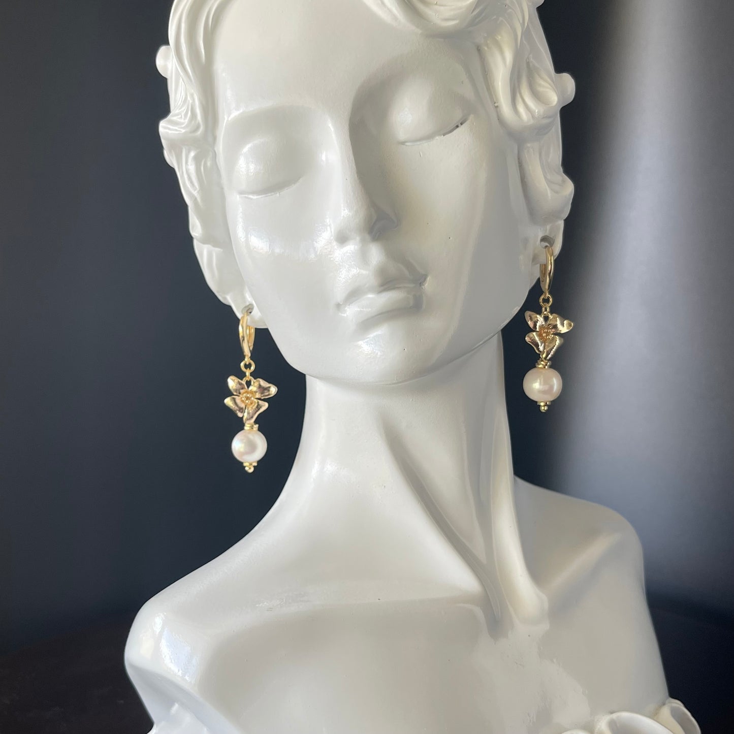 18K Gold Plated Copper Flower Shape Earrings with Fresh Water Pearl Accent