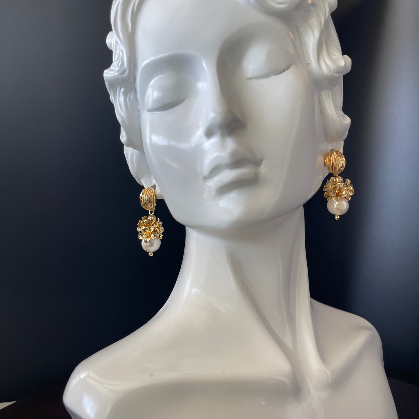 Gold Color Plated Brass Bead Cap Flower with Freshwater Pearls