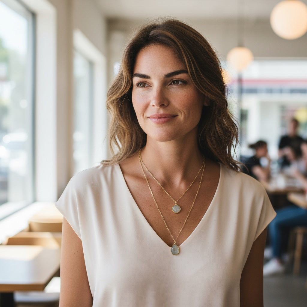Natural Amazonite Stone Charm Necklace – 14K Gold Plated, 24-Inch Chain, Round Shape Pendant