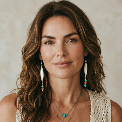 Dangle Boho Style Earrings in Silver, Orange and Turquoise Beads