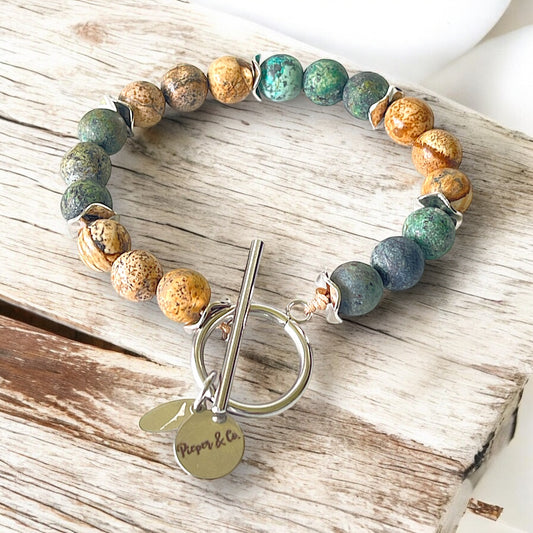 Mixed Green and Brown beads bracelet silver stainless steel