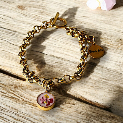 Gold plated Stainless Steel bracelet with floral charm