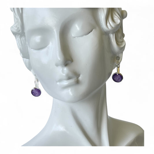 Purple accent leverback closure silver earrings