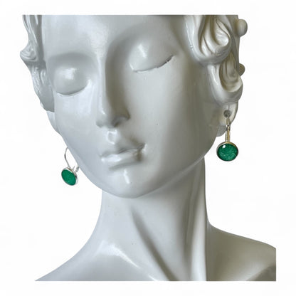 Green leverback closure silver earrings