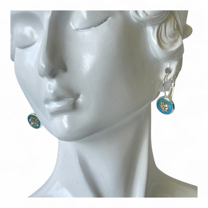 Teal with Gold accent leverback closure silver earrings