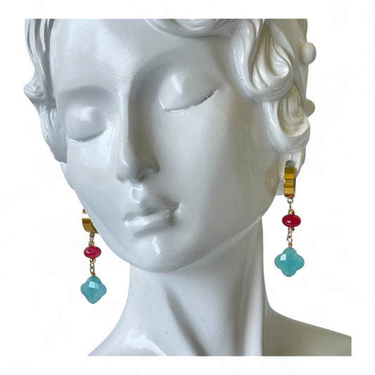 Gold earrings accented with Aqua clover stone and Pink bead