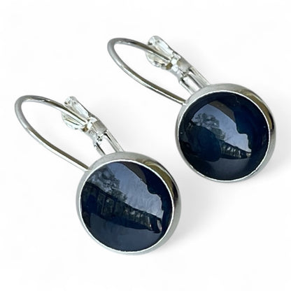 Black accent leverback closure silver earrings