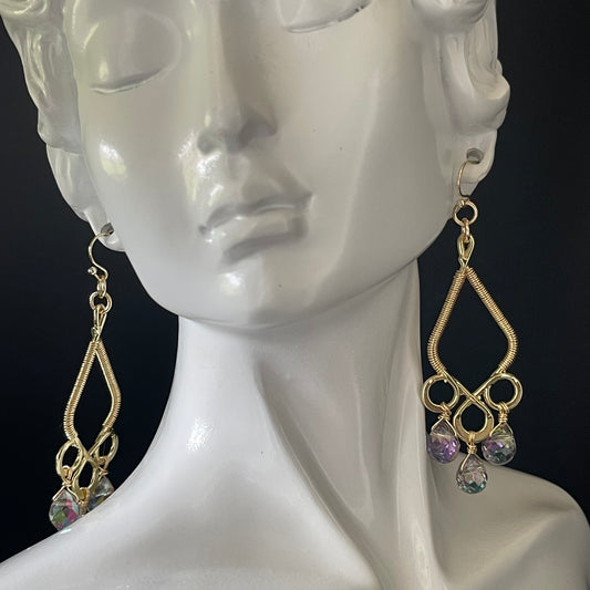 Gold colored Chandelier Earrings with Crystal Strawberry beads wire wrapped frame 14 ct Gold filled hooks