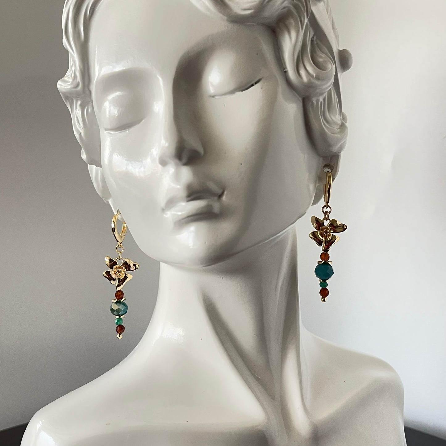 Gold Floral Shape Earrings with Beads Accent