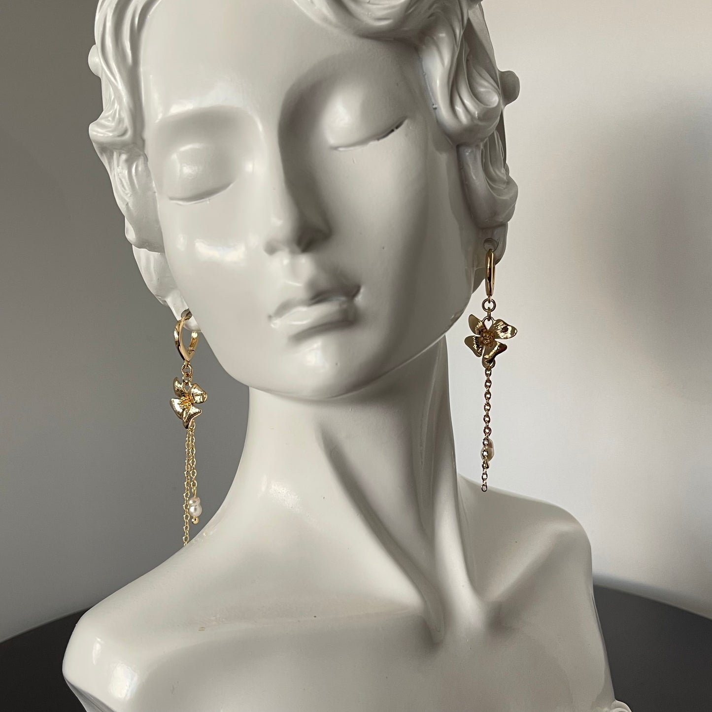 Gold Floral Shape Earrings with Small Fresh Water  Pearl Accent