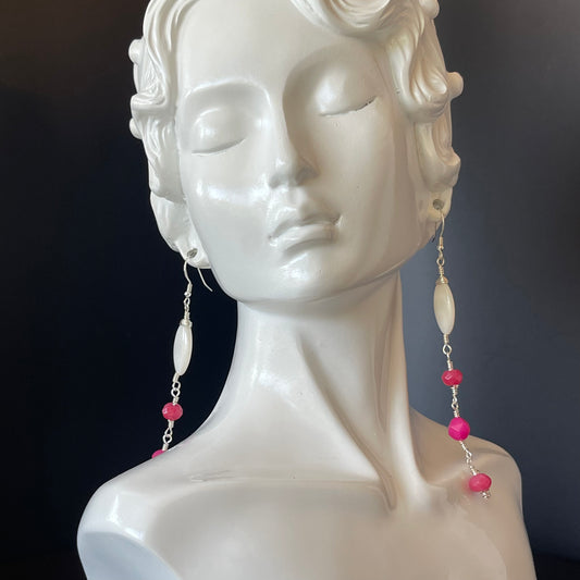 Dangle Boho Style Earrings in Silver Pink color Beads