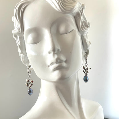 Platinum Color Floral Shape Earrings with Black Fresh Water Pearl Accent