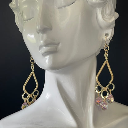 Gold colored Chandelier Earrings with Crystal Strawberry beads wire wrapped frame 14 ct Gold filled hooks
