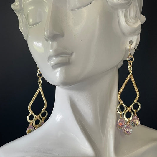 Gold colored Chandelier Earrings with Crystal Strawberry beads wire wrapped frame 14 ct Gold filled hooks