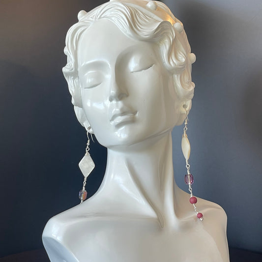 Dangle Boho Style Earrings in Silver Purple Beads
