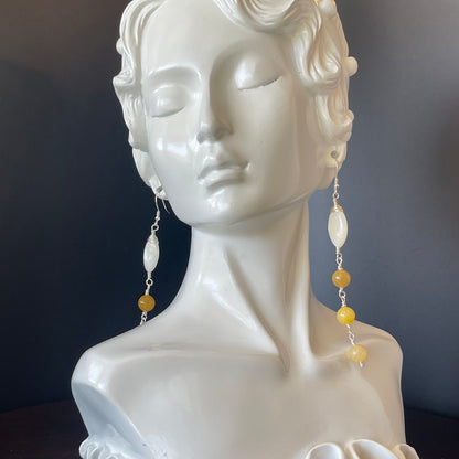 Dangle Boho Style Earrings in Silver with Yellow and Brown Beads