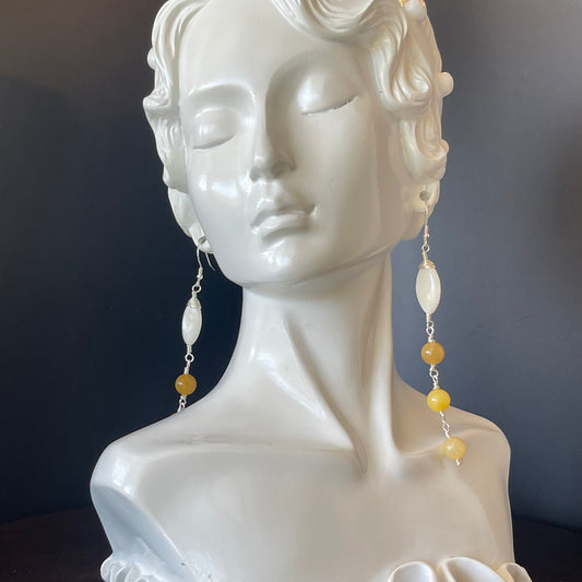 Dangle Boho Style Earrings in Silver with Yellow and Brown Beads