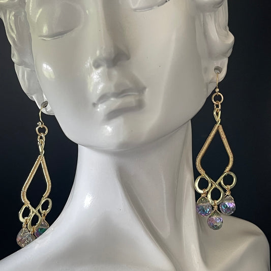Gold colored Chandelier Earrings with Crystal Strawberry beads wire wrapped frame 14 ct Gold filled hooks