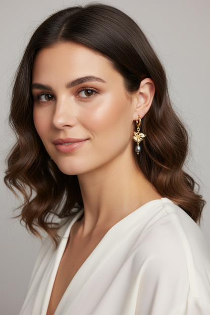 Gold Floral Shape Earrings with Black Fresh Water Pearl Accent