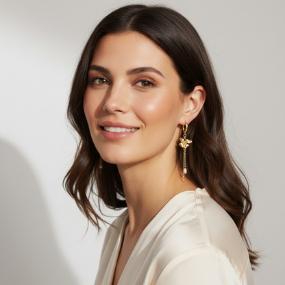 Gold Floral Shape Earrings with Small Fresh Water  Pearl Accent