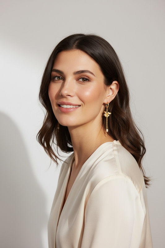 Gold Floral Shape Earrings with Small Fresh Water  Pearl Accent