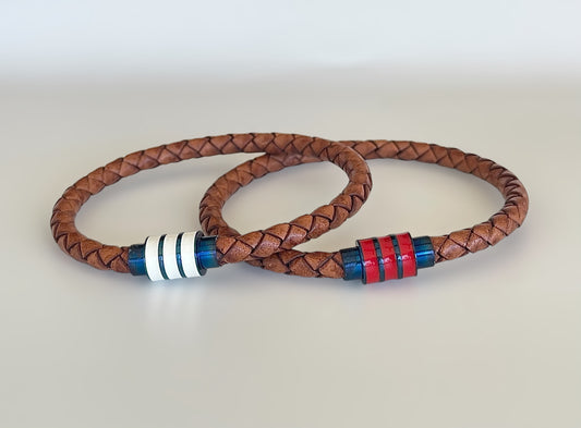Men’s custom braided leather bracelet with magnetic clasp in various colors - customizable. See details.