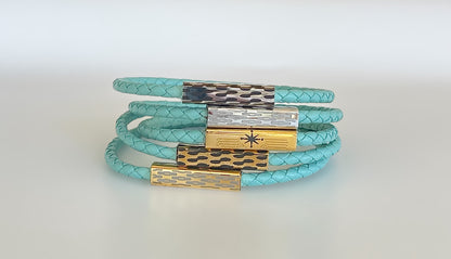 Women's custom braided leather bracelet with magnetic clasp in Teal color - customizable. See details.