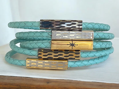 Women's custom braided leather bracelet with magnetic clasp in Teal color - customizable. See details.