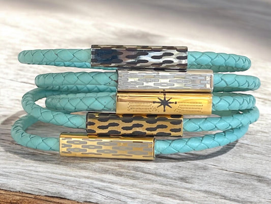 Women's custom braided leather bracelet with magnetic clasp in Teal color - customizable. See details.