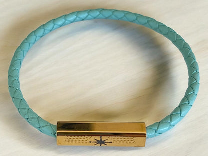 Women's custom braided leather bracelet with magnetic clasp in Teal color - customizable. See details.