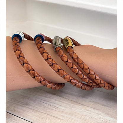Men’s custom braided leather bracelet with magnetic clasp in various colors - customizable. See details.