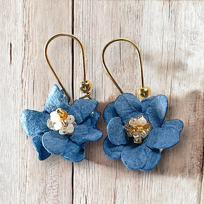 Blue paper flower drop earrings gold plated Stainless Steel hardware
