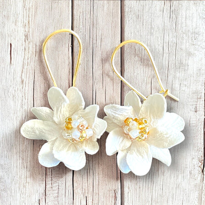 White paper flower drop earrings gold plated Stainless Steel hardware