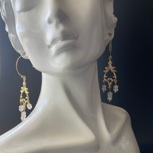 Chandelier Earrings in Gold with White Stone Beads